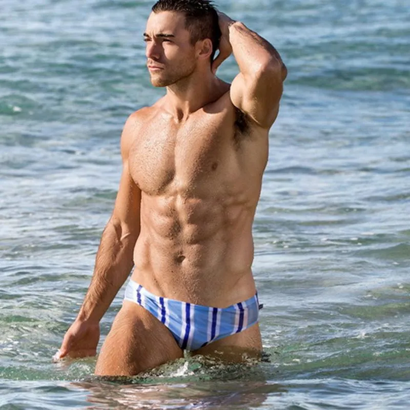 Men Casual Stripe Quick Drying Swim Briefs