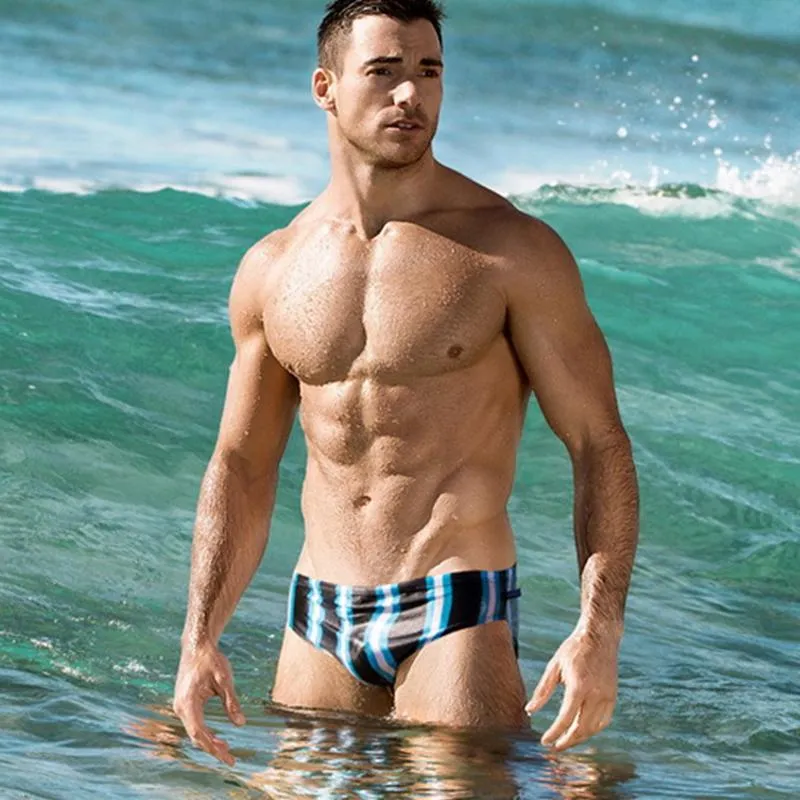 Men Casual Stripe Quick Drying Swim Briefs